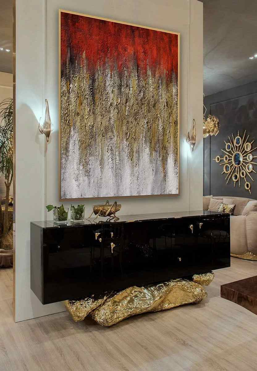 Golden Handmade Leaf Textured Abstract Canvas Artwork YV0PB